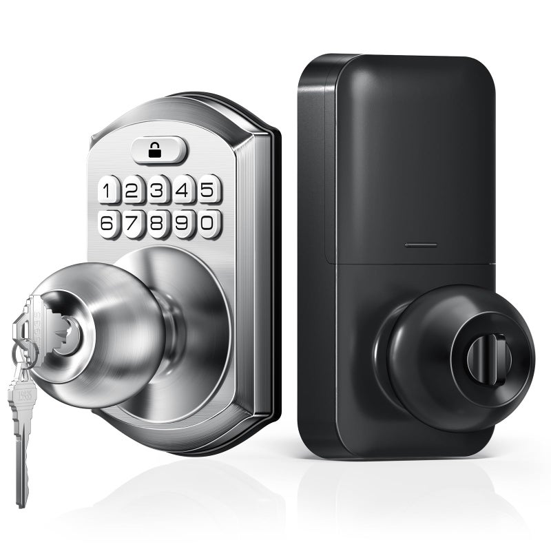 TEEHO Keyless Entry Keypad Door Lock with Handle, Electronic Digital Smart Locks for Front Door, Easy to Install Keypad Deadbolt with Code for Bedroom, Anti-Peeping Password - Nickel - Image 1